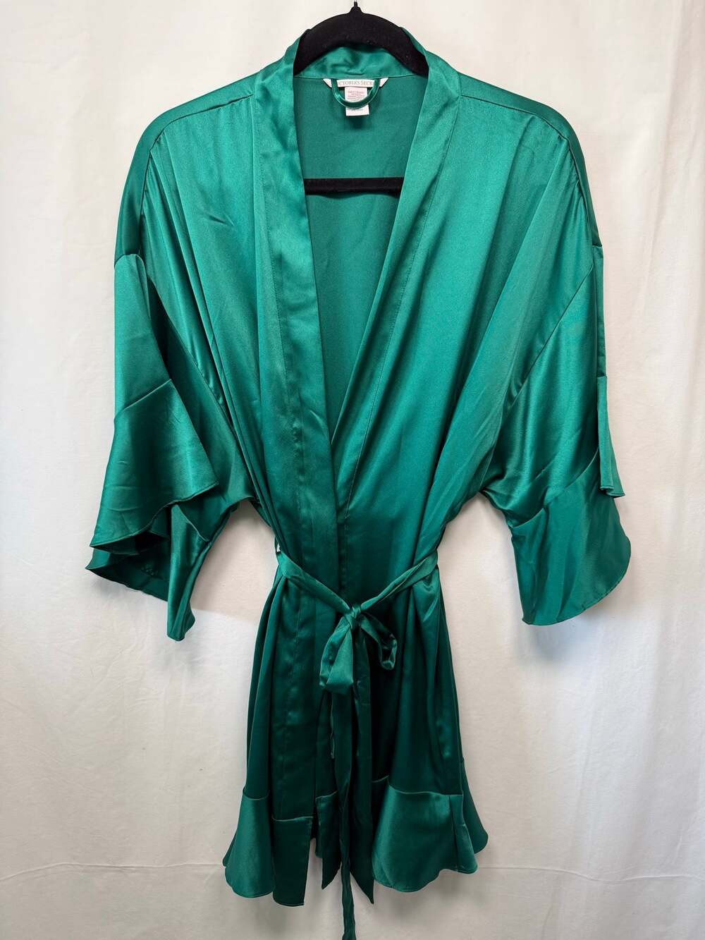 Victoria's Secret Ruffle Sleeve Satin Short Robe, Emerald Green, Size M/L